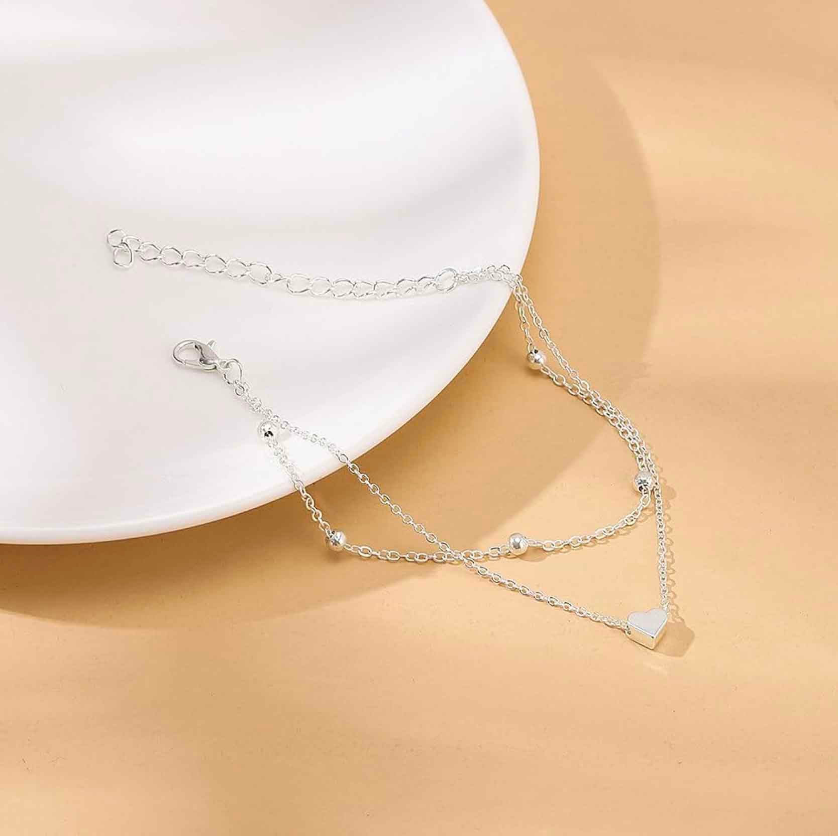 Double Chain Heart Silver Anklet - Image 3
