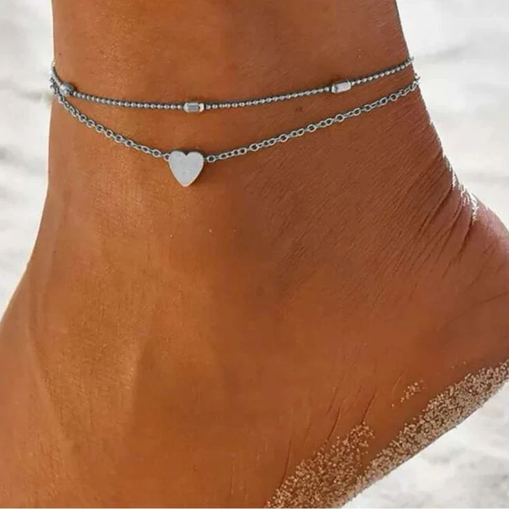 Double Chain Heart Silver Anklet - Image 5